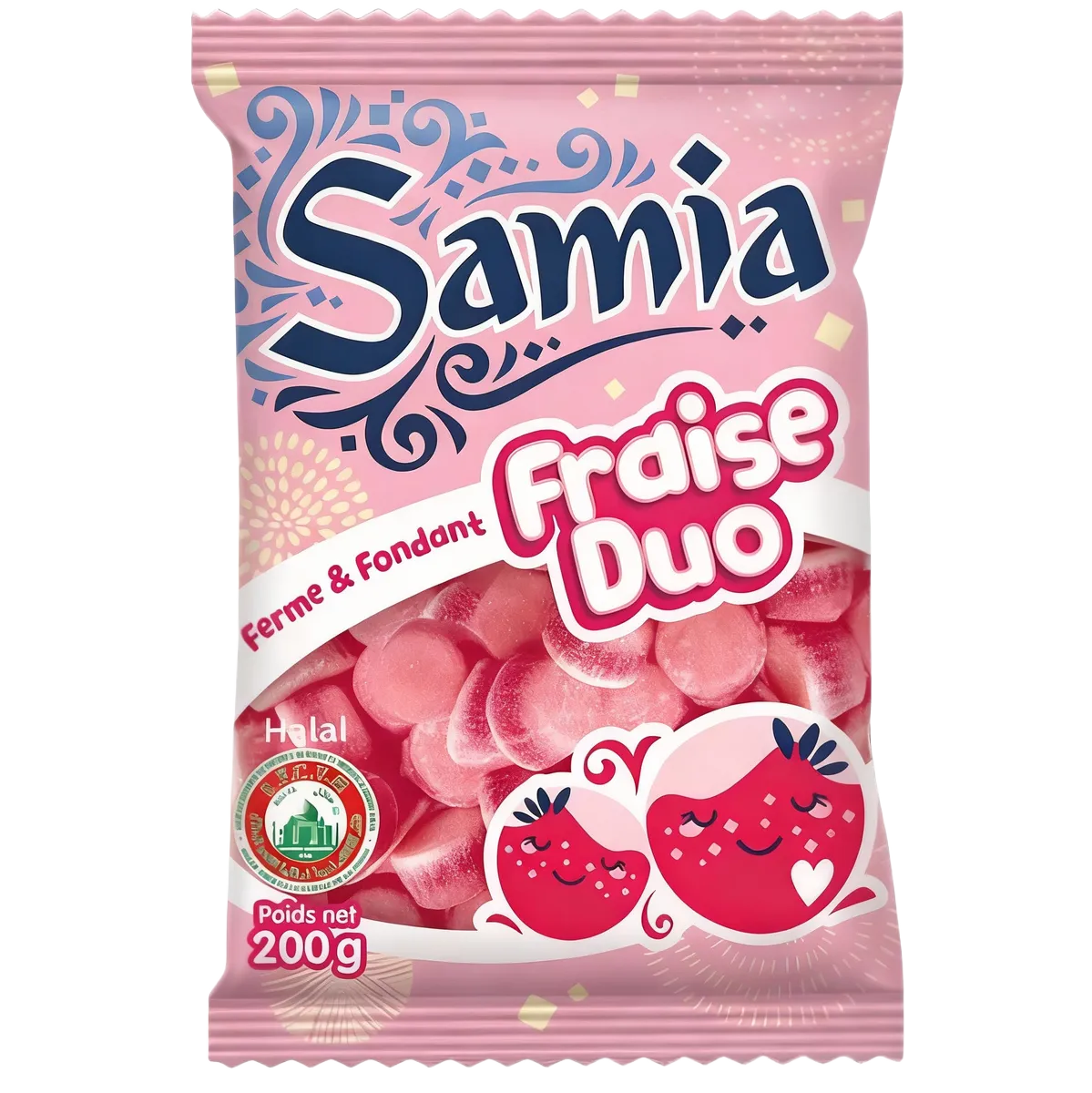 Bonbons fraise duo halal SAMIA en sachet de 200g, texture fruitée et tendre, certifiés halal, parfaits pour l'épicerie sucrée.