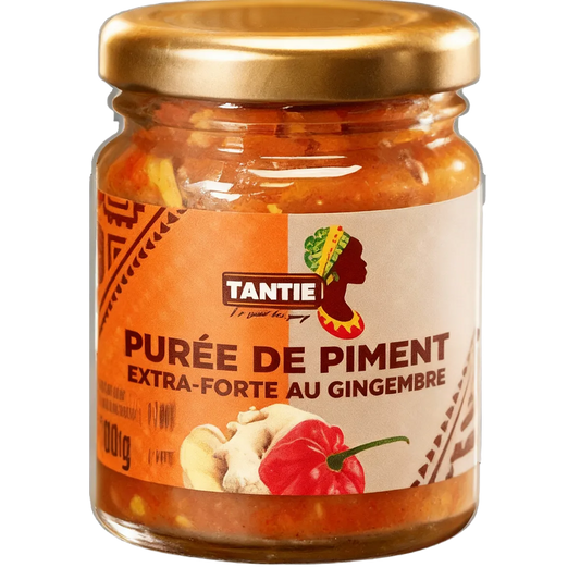 Purée de piments gingembre TANTIE - Sensations épicées en pot de 100g avec étiquette colorée, parfait pour relever vos plats.