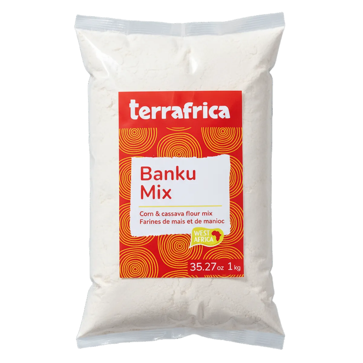 Farine maïs manioc Banku mix - TERRAFRICA 1kg, emballage rouge et blanc pour préparation savoureuse de plats africains traditionnels.