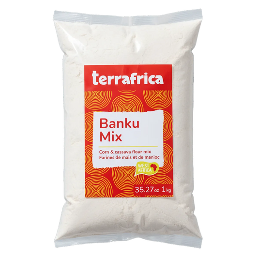 Farine maïs manioc Banku mix - TERRAFRICA 1kg, emballage rouge et blanc pour préparation savoureuse de plats africains traditionnels.