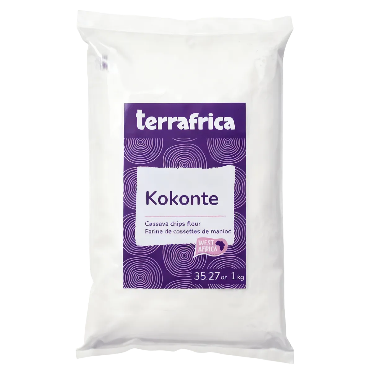 Farine de cossettes de manioc Kokonte TERRAFRICA 1kg, emballée dans un sachet blanc avec étiquette violette. Ingrédient polyvalent pour cuisine africaine.