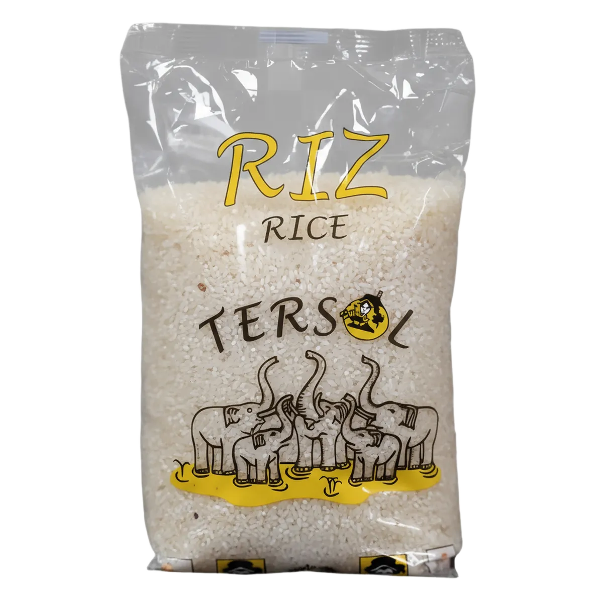 Riz Sushi TERSOL en sachet transparent avec éléphants illustrés, riz rond idéal pour sushi, texture collante parfaite pour rouleaux japonais.