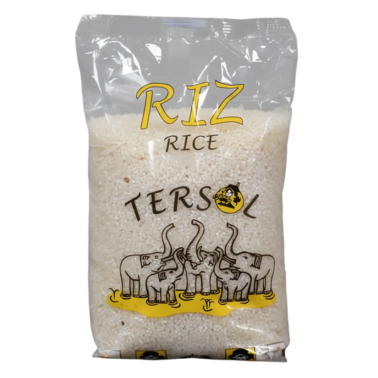 Riz Sushi TERSOL en sachet transparent avec éléphants illustrés, riz rond idéal pour sushi, texture collante parfaite pour rouleaux japonais.