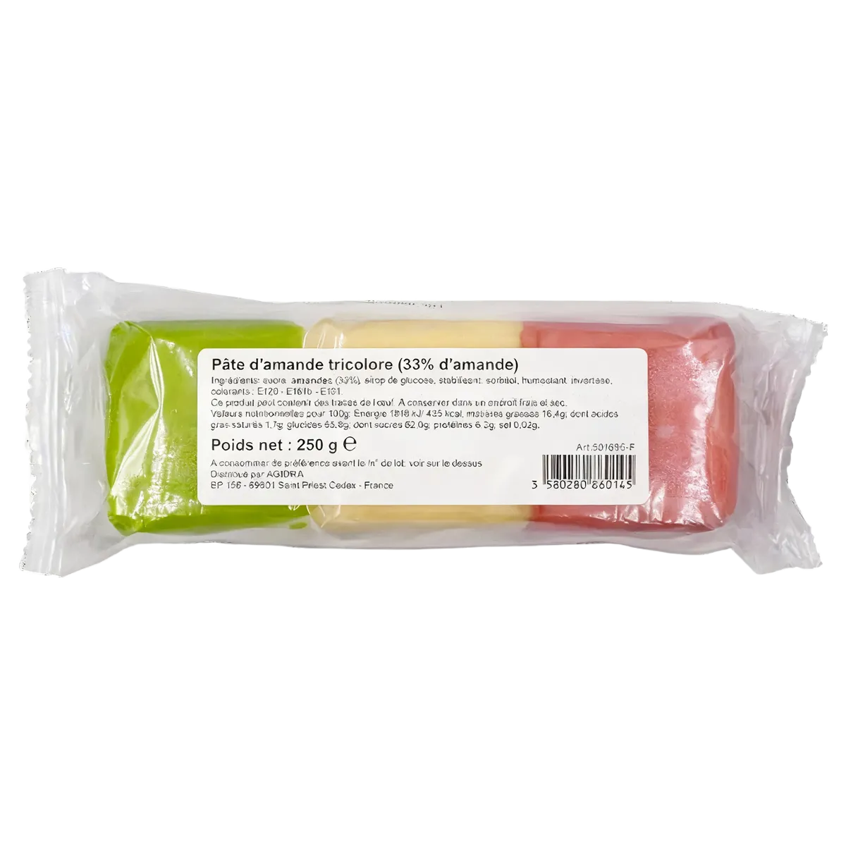 Pâte d'amandes Tricolore PROFRUIT 33% en emballage transparent, idéale pour pâtisserie créative. Couleurs rose, blanc et vert distinctes.