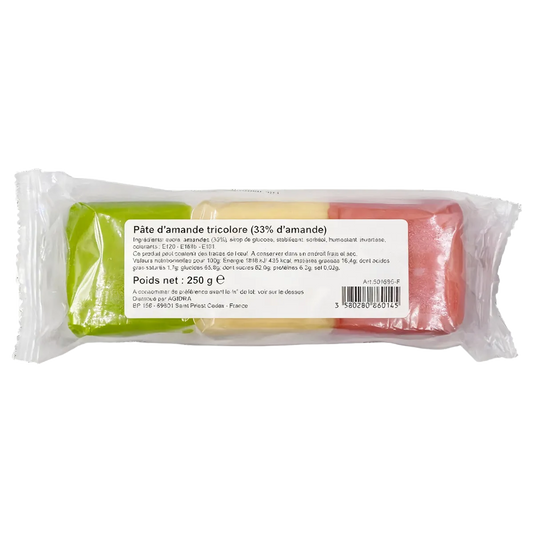 Pâte d'amandes Tricolore PROFRUIT 33% en emballage transparent, idéale pour pâtisserie créative. Couleurs rose, blanc et vert distinctes.