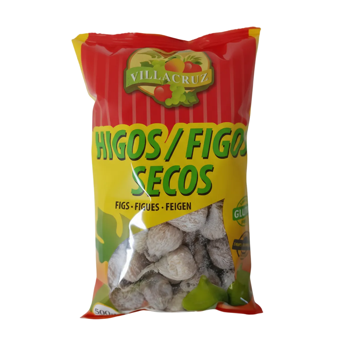 Figues sèches Calabacita VILLACRUZ en sachet de 500g, emballage coloré rouge et jaune, idéal pour l'épicerie sucrée et les fruits secs.