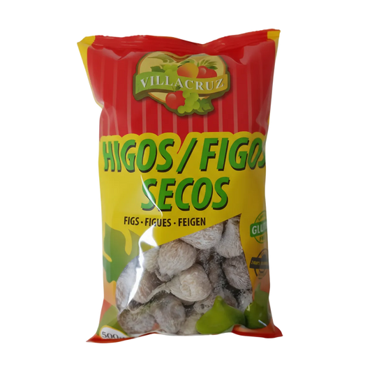 Figues sèches Calabacita VILLACRUZ en sachet de 500g, emballage coloré rouge et jaune, idéal pour l'épicerie sucrée et les fruits secs.