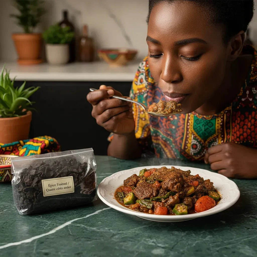 Femme dégustant un plat mijoté assaisonné avec l'Épice Essèssè - Quatre côtés entier, posée à côté du sachet sur une table de cuisine.