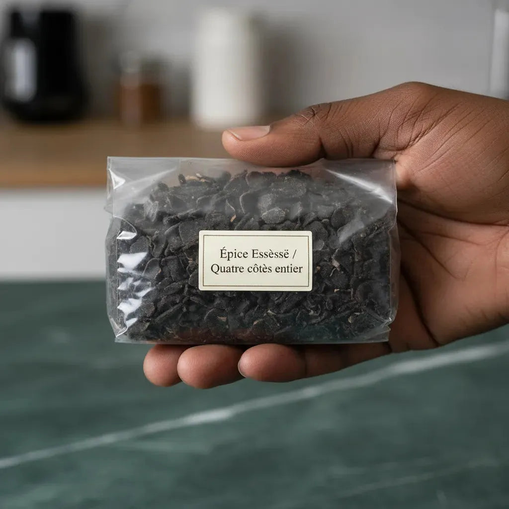 Main tenant un sachet d'Épice Essèssè - Quatre côtés entier, parfait pour assaisonner les plats traditionnels avec des graines entières.