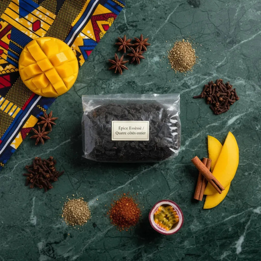 Sachet d'Épice Essèssè - Quatre côtés entier entouré d'épices exotiques et de fruits sur fond vert, idéal pour recettes savoureuses.