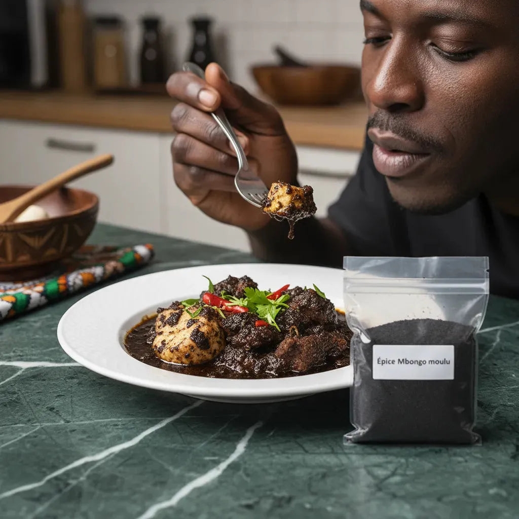 Homme dégustant un plat traditionnel camerounais préparé avec l'épice Mbongo moulu, saveur intense et authentique de l'épicerie salée.
