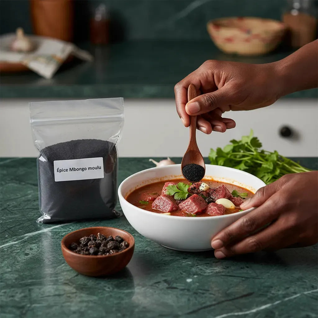 Main saupoudrant de l'épice Mbongo moulu dans une soupe de viande, révélant la richesse culinaire camerounaise et l'intensité de cette épice.