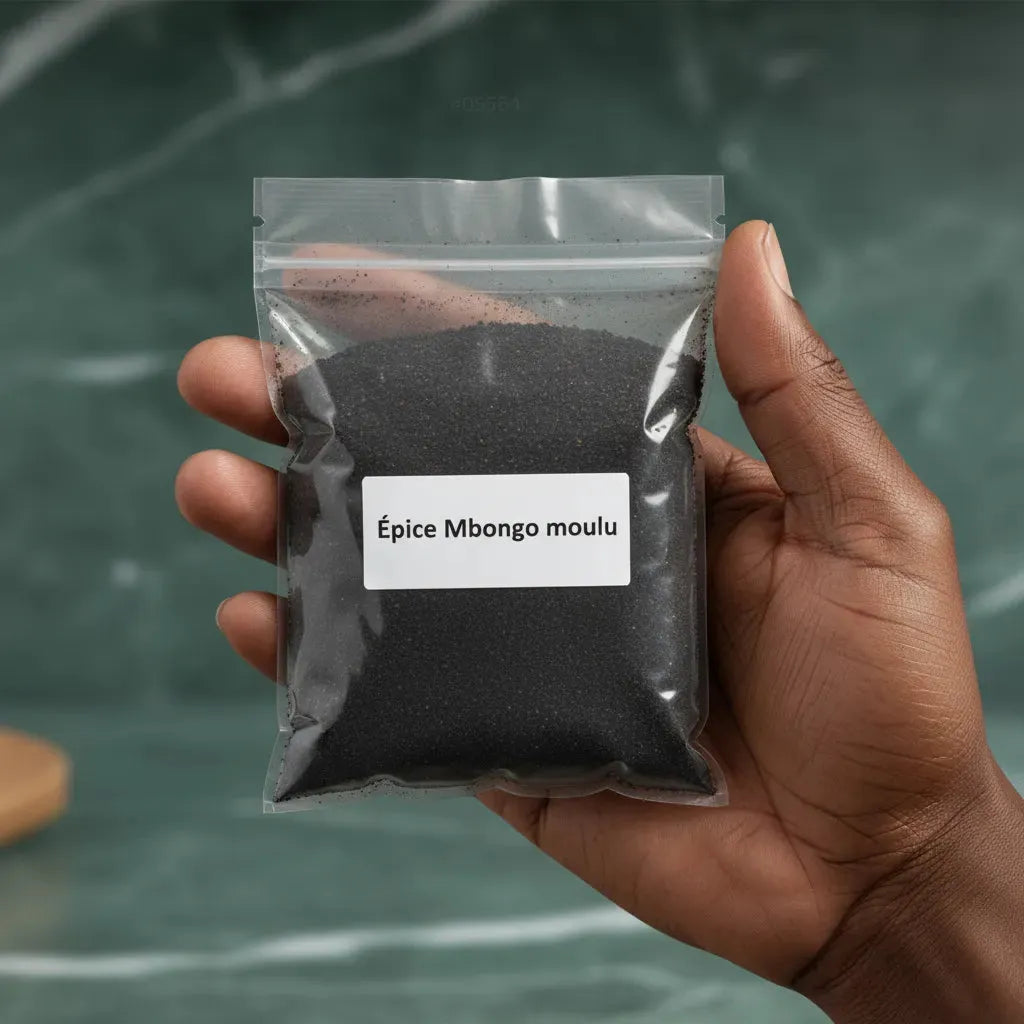 Main tenant un sachet d'épice Mbongo moulu Cameroun, poudre noire utilisée pour des recettes traditionnelles à la saveur intense et unique.