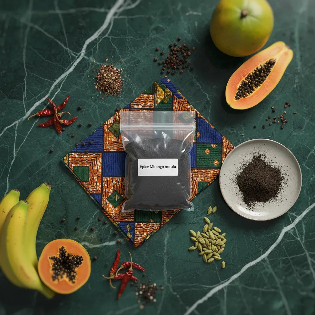 Sachet d'épice Mbongo moulu Cameroun entouré de fruits, épices et poudre, parfait pour enrichir les plats africains avec une touche unique.