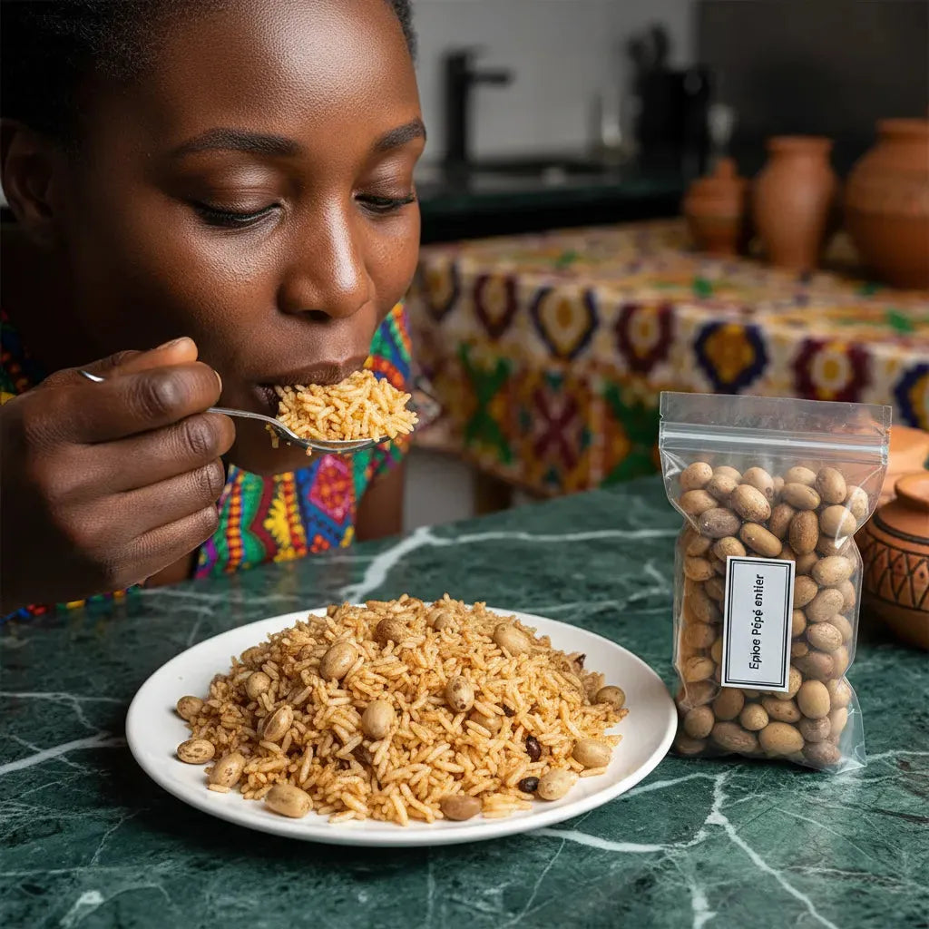 Femme dégustant un plat de riz épicé avec Épice Pépé entier, parfait pour relever les plats africains avec une touche piquante.