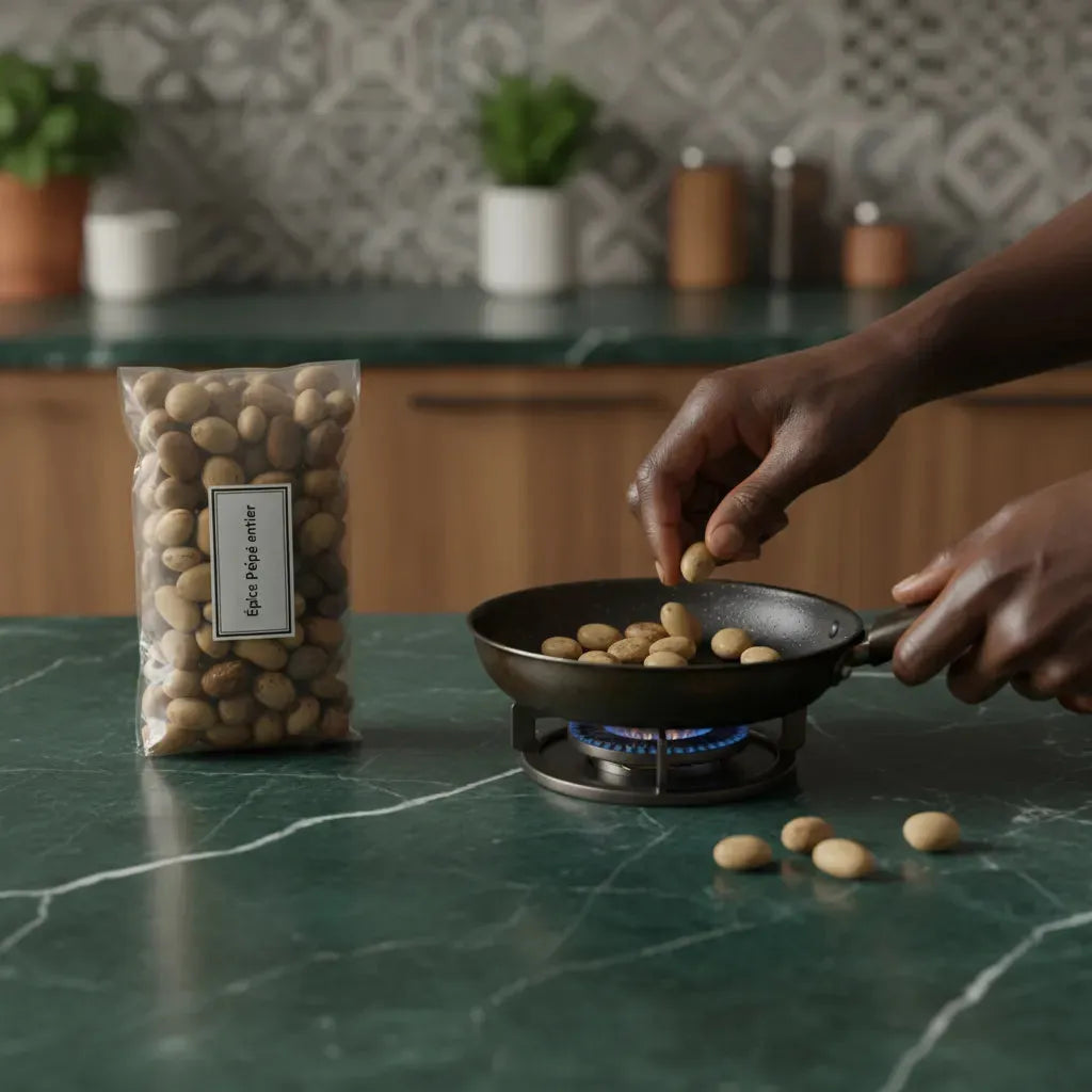 Cuisson de grains de pépé entier dans une poêle, épice traditionnelle utilisée pour relever les plats avec une saveur intense.
