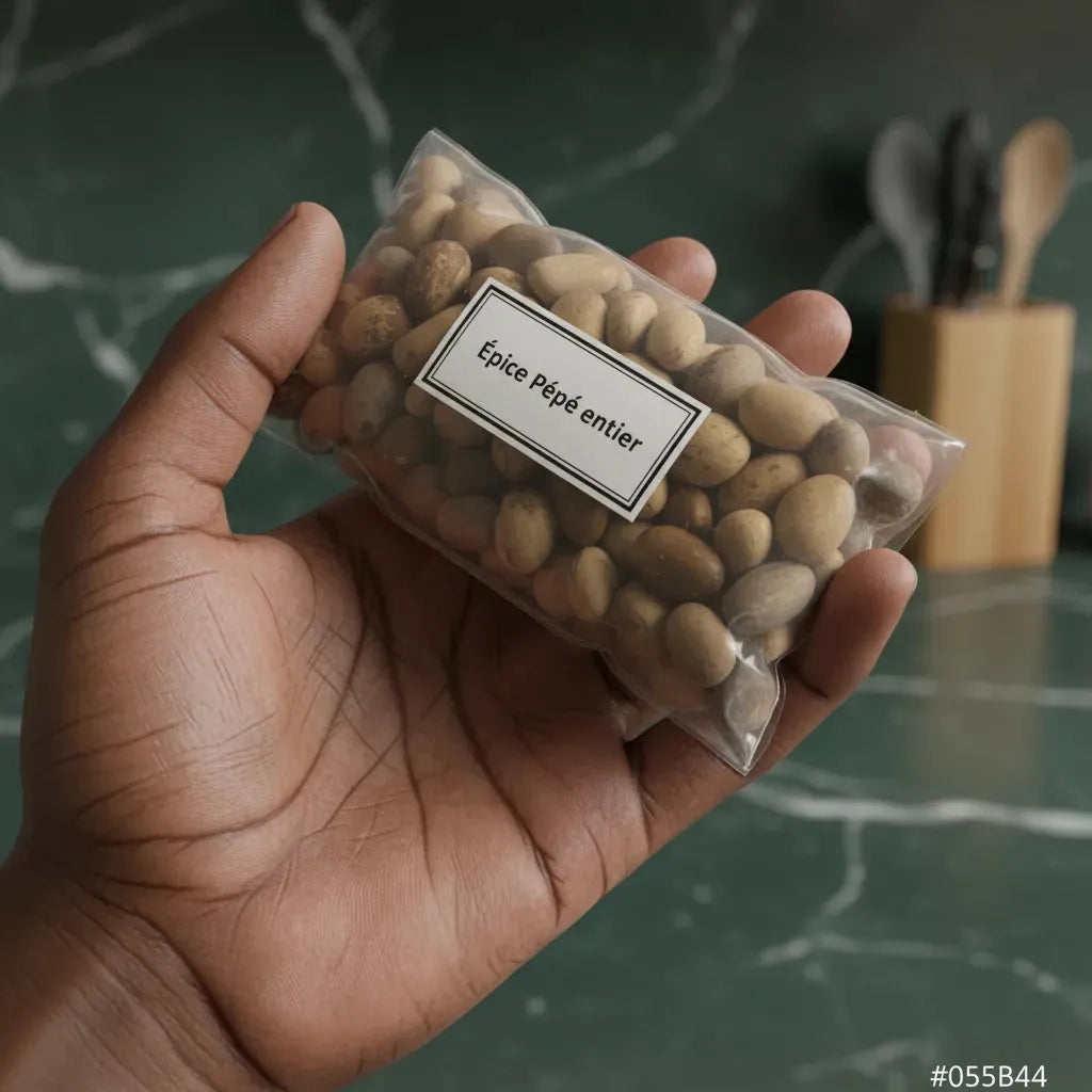 Main tenant un sachet d'Épice Pépé entier, grains aromatiques utilisés en épicerie salée pour parfumer les plats cuisinés.