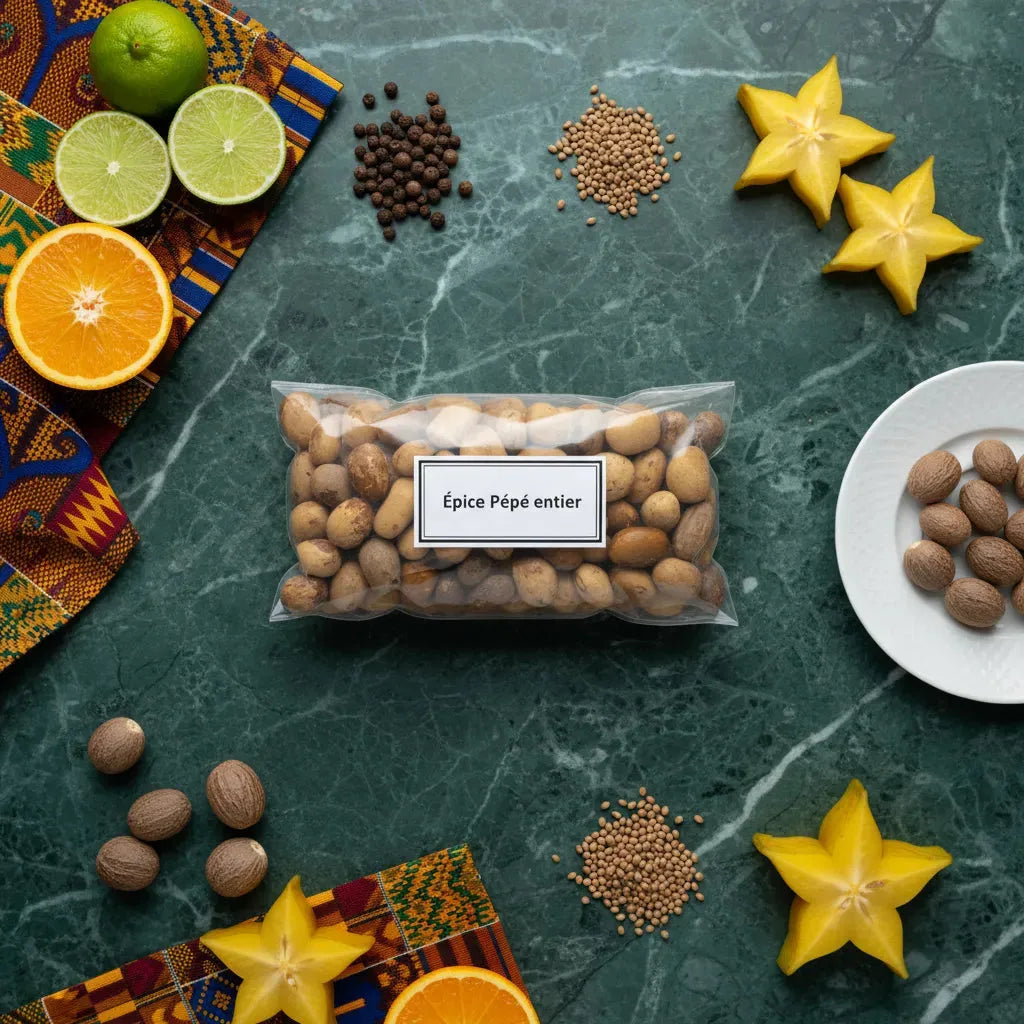 Sachet d'Épice Pépé entier posé sur table verte avec fruits et épices, idéal pour cuisine traditionnelle et recettes exotiques.
