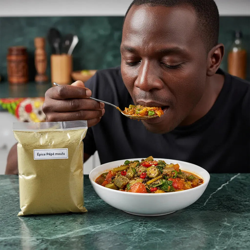 Homme dégustant un plat assaisonné avec l'Épice Pépé moulu, épice traditionnelle africaine à la saveur intense et couleur vive.