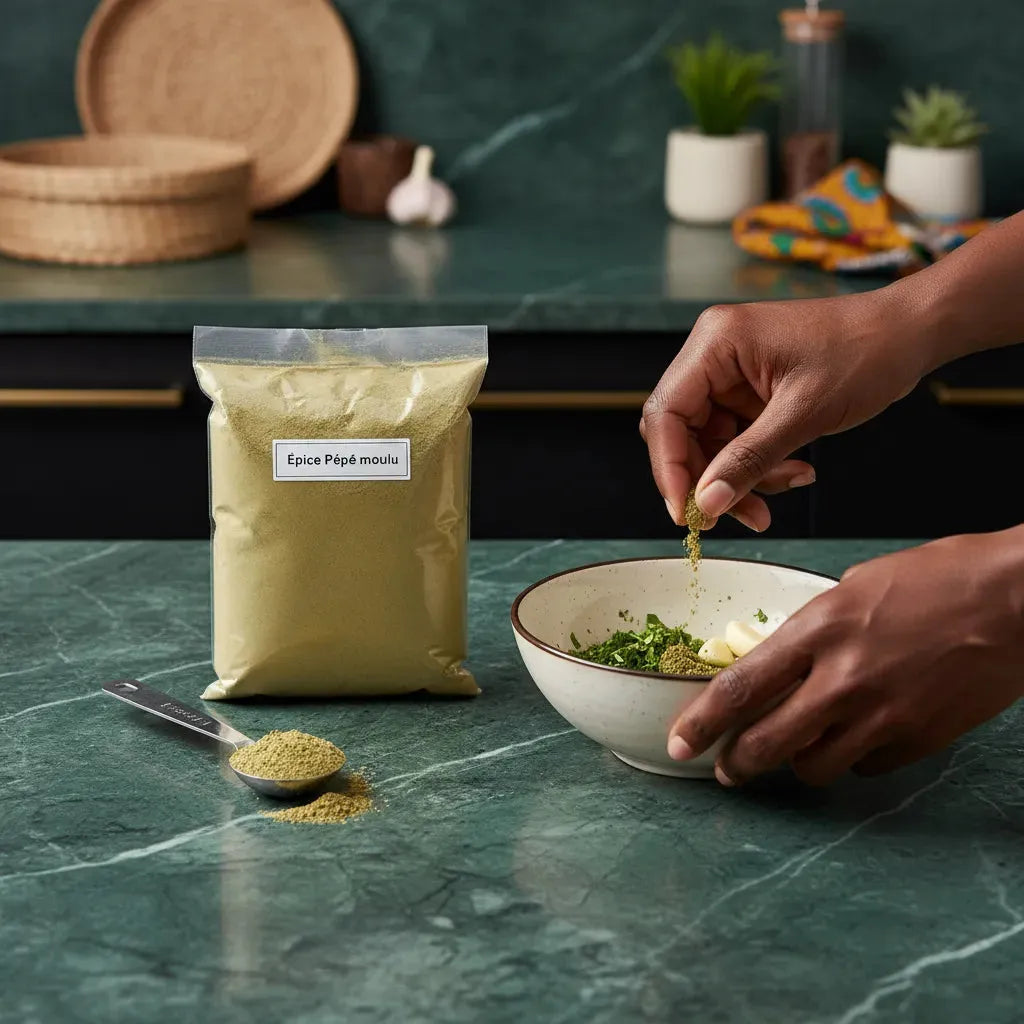 Main saupoudrant l'Épice Pépé moulu dans un bol de préparation culinaire, épice moulue traditionnelle à saveur intense.