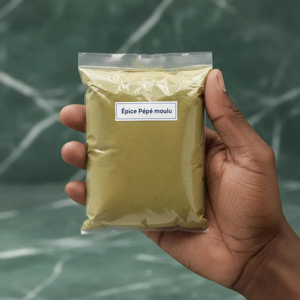 Main tenant un sachet d'Épice Pépé moulu, épice moulue traditionnelle utilisée pour enrichir les plats africains avec une saveur intense.