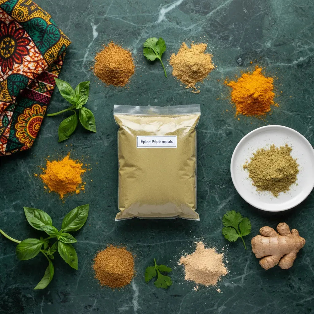 Épice Pépé moulu au centre d’un assortiment d’épices sur fond vert, idéale pour l’épicerie salée et la cuisine traditionnelle africaine.