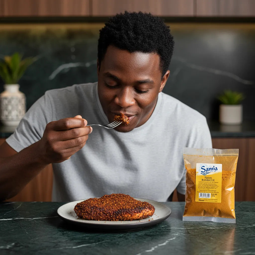Homme dégustant une viande grillée assaisonnée avec les épices barbecue SAMIA, parfaites pour relever les plats avec des saveurs équilibrées.