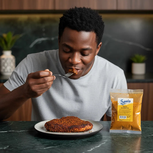 Homme dégustant une viande grillée assaisonnée avec les épices barbecue SAMIA, parfaites pour relever les plats avec des saveurs équilibrées.