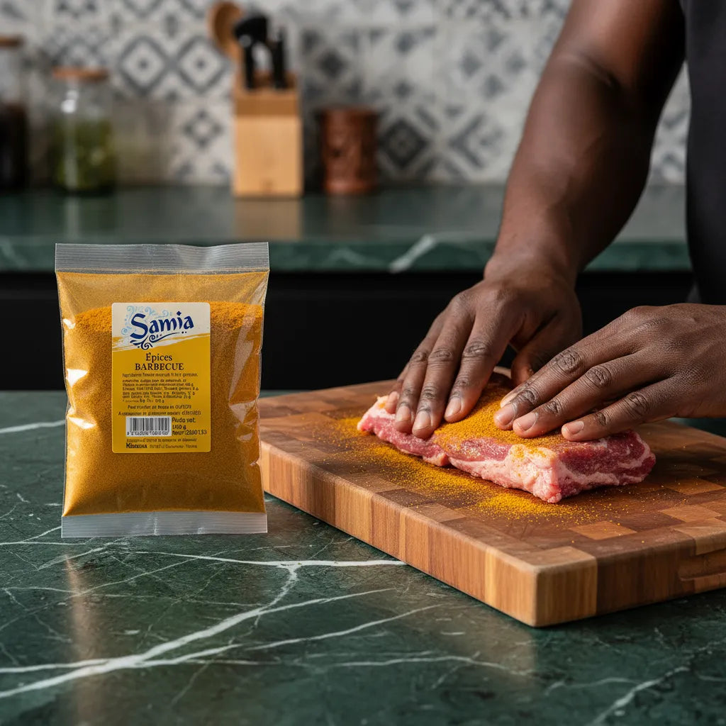Application des épices barbecue SAMIA sur une pièce de viande crue, parfait pour préparer des grillades savoureuses et bien assaisonnées.
