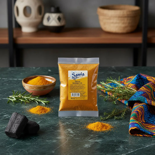 Sachet d'épices barbecue SAMIA posé sur une table avec herbes, charbon et tissu coloré, illustrant un univers culinaire riche et épicé.