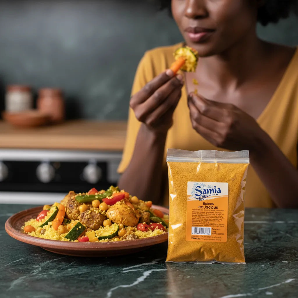 Femme dégustant un couscous maison avec le sachet d'épices Couscous Samia en avant, apportant chaleur et saveur au repas.