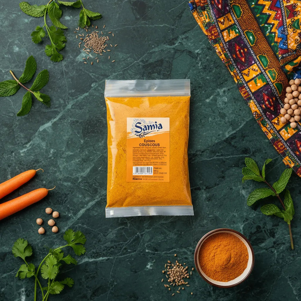 Sachet d'épices Couscous Samia posé sur une table avec ingrédients frais, illustrant un mélange aromatique pour cuisine orientale.