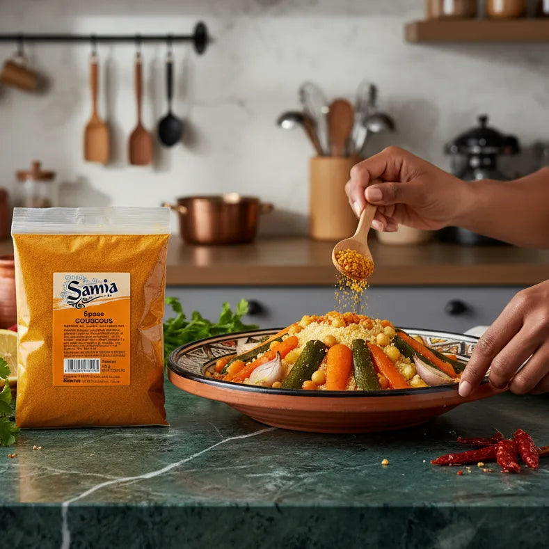 Main saupoudrant les épices Couscous Samia sur un plat de couscous traditionnel, pour une explosion de saveurs authentiques.