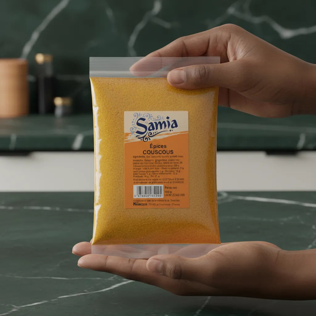 Sachet d'épices Couscous Samia tenu entre deux mains, mettant en valeur son format pratique et son mélange aromatique unique.