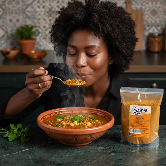 Femme dégustant une soupe harira parfumée avec les épices pour harira SAMIA - Mélange Aromatique Parfait, posées à côté du plat.