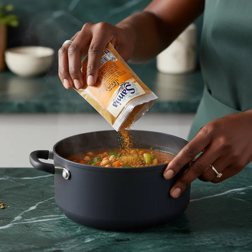 Utilisation des épices pour harira SAMIA - Mélange Aromatique Parfait versé dans une marmite de soupe harira maison en cuisine.