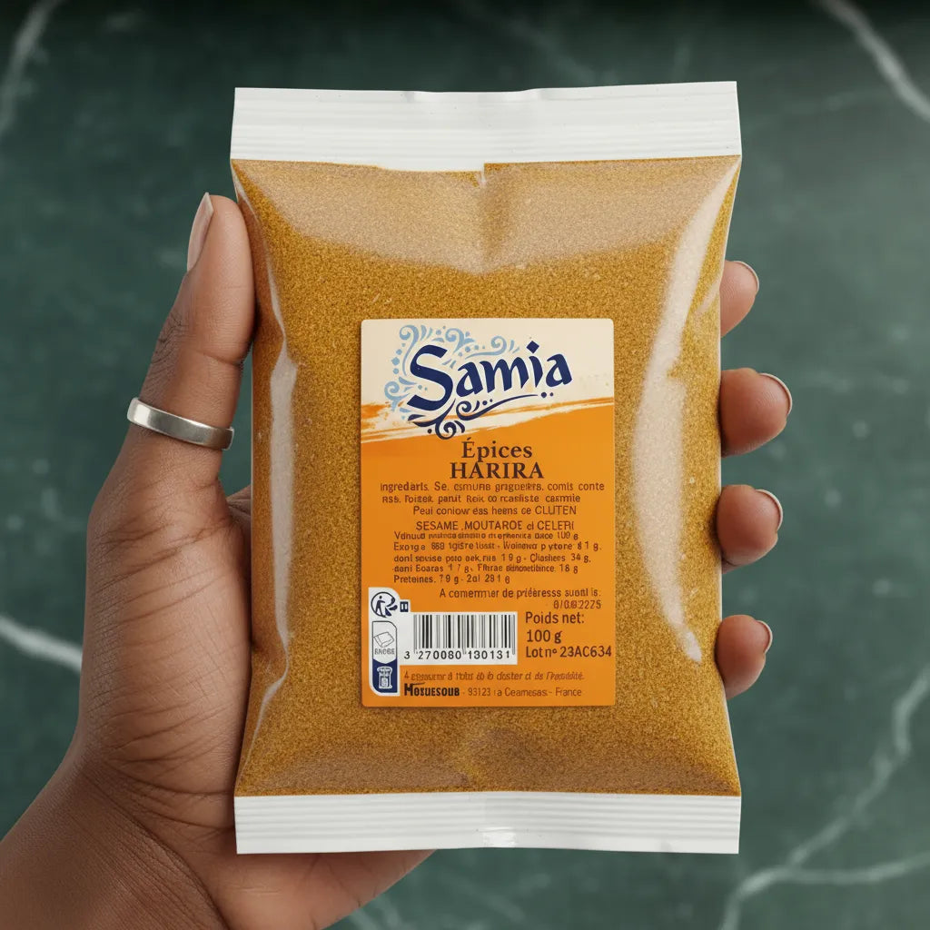 Sachet d’épices pour harira SAMIA - Mélange Aromatique Parfait tenu en main, format pratique pour assaisonner les plats marocains.