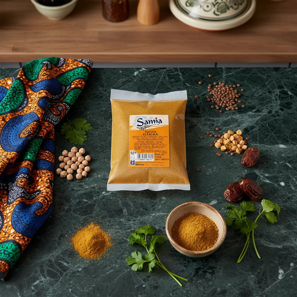Épices pour harira SAMIA - Mélange Aromatique Parfait entouré d’ingrédients traditionnels comme pois chiches, lentilles et coriandre sur plan de travail.