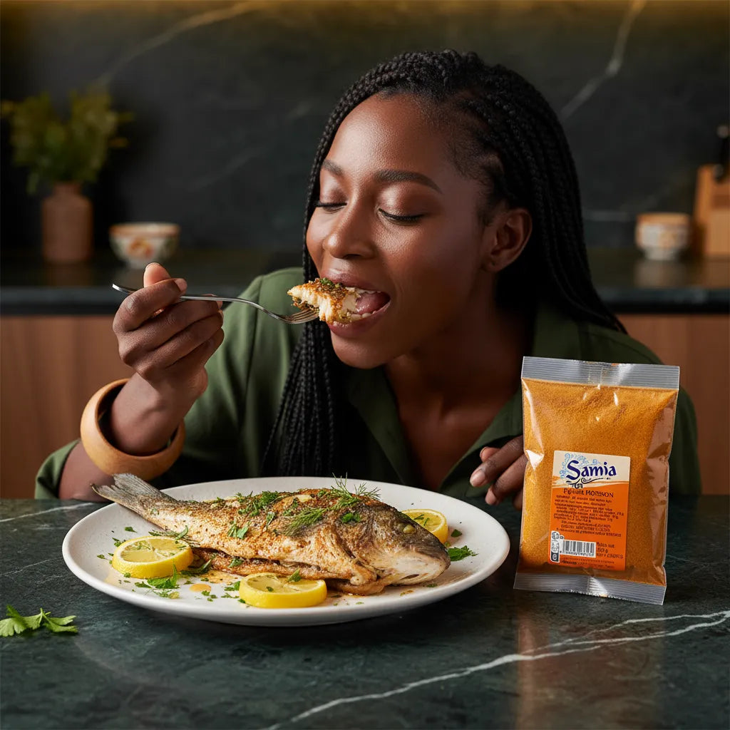 Femme dégustant un poisson entier assaisonné avec les épices pour poisson SAMIA, posées à côté de l'assiette. Mélange parfait pour plats savoureux.