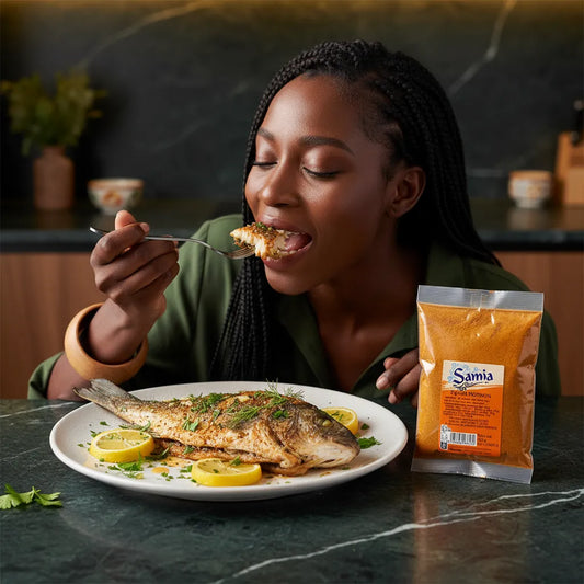 Femme dégustant un poisson entier assaisonné avec les épices pour poisson SAMIA, posées à côté de l'assiette. Mélange parfait pour plats savoureux.