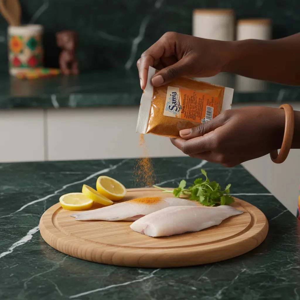 Épice poisson Samia saupoudrée sur filets de poisson crus avec citron et coriandre, préparation culinaire savoureuse et parfumée.