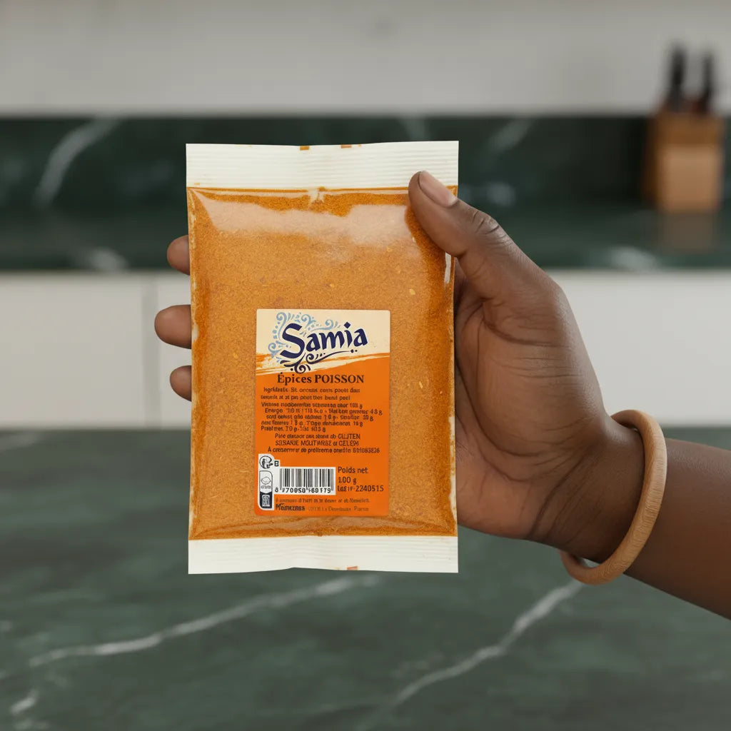 Main tenant un sachet d'épices pour poisson SAMIA 100g, prêt à l'emploi pour assaisonner poissons. Produit d'épicerie salée aux saveurs orientales.