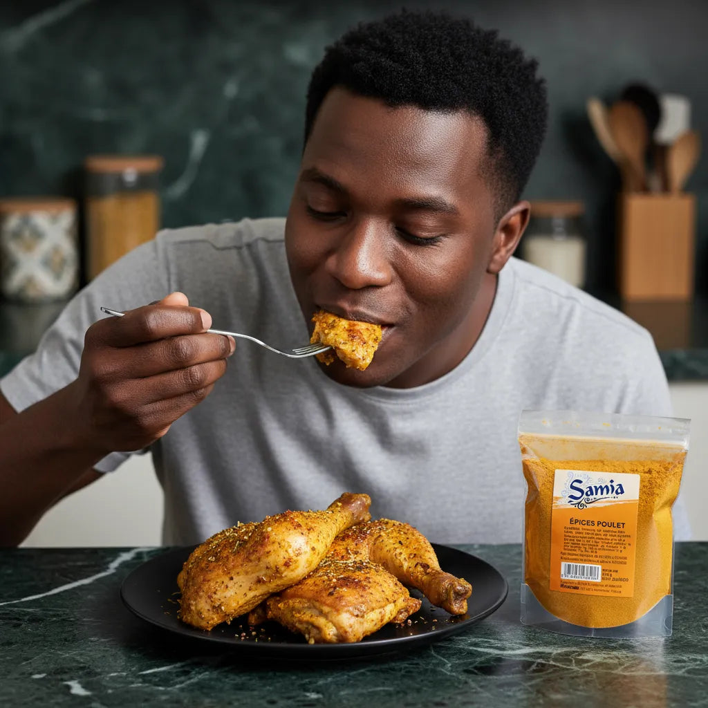 Dégustation de poulet assaisonné avec les épices pour poulet SAMIA - Épices Poulet SAMIA | Arômes Riches, pour une explosion de saveurs en bouche.