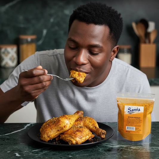 Dégustation de poulet assaisonné avec les épices pour poulet SAMIA - Épices Poulet SAMIA | Arômes Riches, pour une explosion de saveurs en bouche.