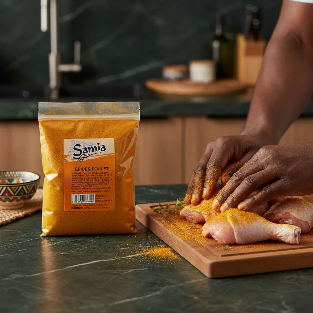 Préparation de poulet avec les épices pour poulet SAMIA - Épices Poulet SAMIA | Arômes Riches, parfaites pour mariner la viande avant cuisson.