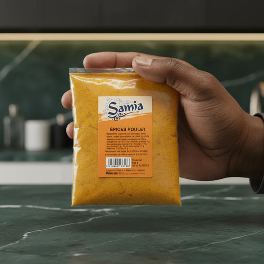 Main tenant un sachet d'épices pour poulet SAMIA - Épices Poulet SAMIA | Arômes Riches, format pratique pour une utilisation facile en cuisine.