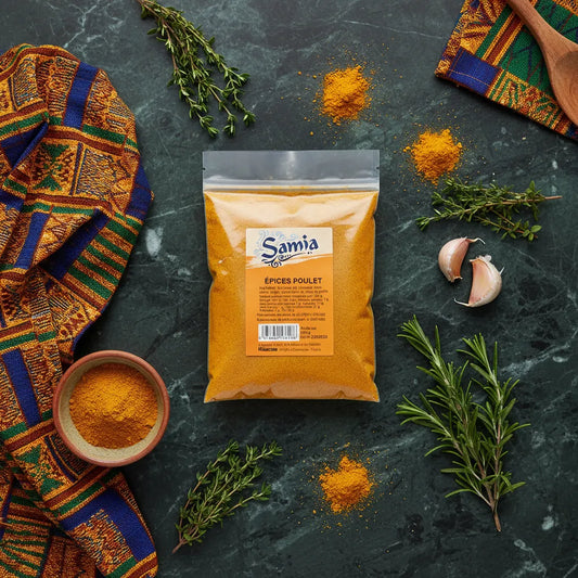 Épices pour poulet SAMIA - Épices Poulet SAMIA | Arômes Riches entourées d'herbes fraîches et d'ail, idéales pour une cuisine savoureuse et épicée.