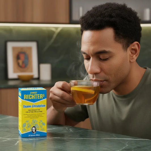 Homme dégustant une tasse de Tisane Circulation DR ERNST'S au citron, infusion bien-être pour soutenir la circulation active naturellement.
