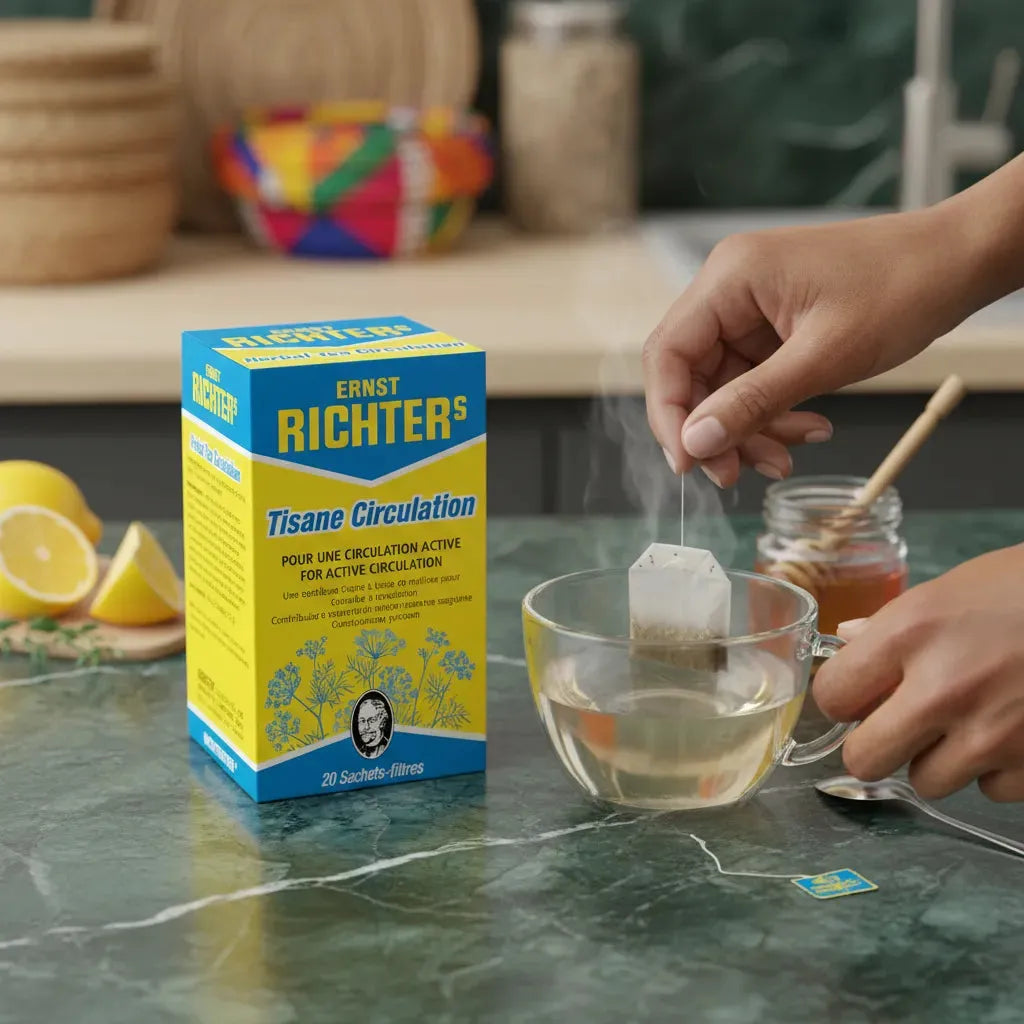 Préparation d'une infusion Tisane Circulation DR ERNST'S avec une tasse fumante, citron et miel, idéale pour le bien-être circulatoire quotidien.