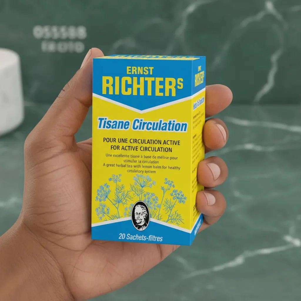 Main tenant la boîte de Tisane Circulation DR ERNST'S, 20 sachets pour infusion bien-être circulatoire à base de plantes naturelles.